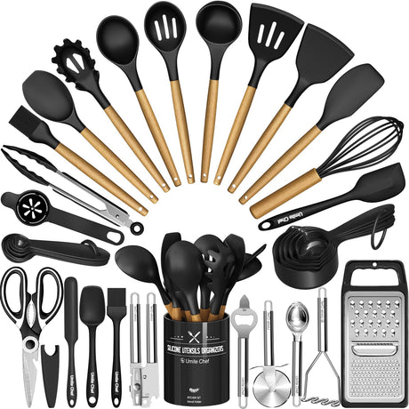 Kitchen Utensils Set- 34PCS Silicone Cooking Utensils with Holder, Umite Chef Heat Resistant Kitchen Utensil Spatula Set for Nonstick Cookware, Black Wooden Handles Kitchen Gadgets Tools Set Umite Chef