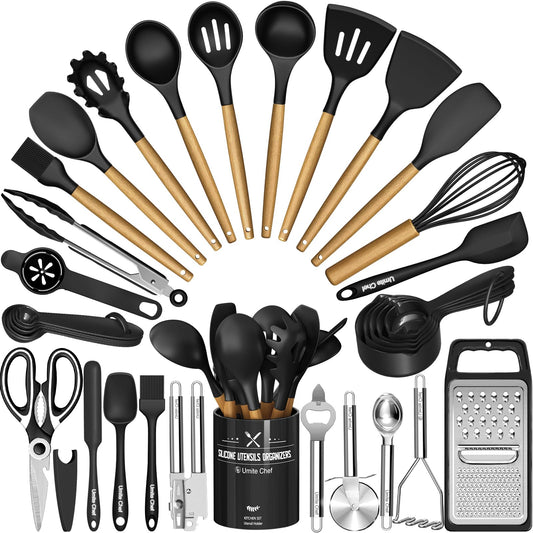 Kitchen Utensils Set- 34PCS Silicone Cooking Utensils with Holder, Umite Chef Heat Resistant Kitchen Utensil Spatula Set for Nonstick Cookware, Black Wooden Handles Kitchen Gadgets Tools Set - WoodArtSupply