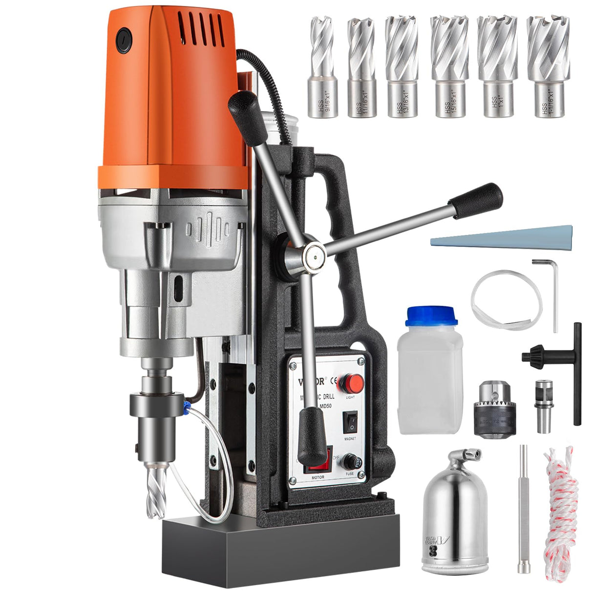 VEVOR 1680W Magnetic Drill Press with 2 Inch Boring Diameter Annular Cutter Machine 2900 LBS 6pcs HSS Annular Cutter Bits,500 RPM Drilling Machine for any Surface Home Improvement Industry Railway VEVOR
