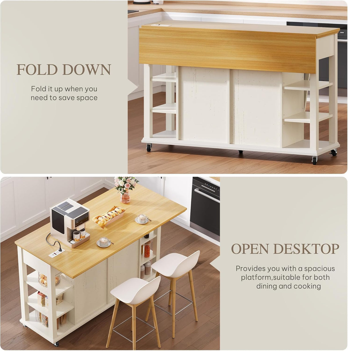 DWVO Kitchen Island with Drop Leaf, Tilt Out Trash Can Cabinet, Mobile Storage Islands with Power Outlet, Americana Rolling Island Table on Wheels with Open Shelves for Dining Room, Off White DWVO