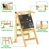 Toddler Tower Foldable - Kids Kitchen Step Stool with 3 Adjustable Heights & Safety Rail, Montessori Tower with Chalkboard for Learning, Standing Tower Helper Stool for Kitchen Counter Sink (Natural) SAUCE ZHAN
