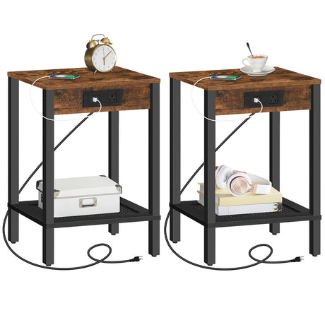HOOBRO Side Table with Charging Station, Set of 2 End Tables with USB Ports and Outlet, Nightstand with 2-Tier Storage Shelf, for Living Room, Bedroom, Small Space, Rustic Brown and Black BF91UBZP201 HOOBRO