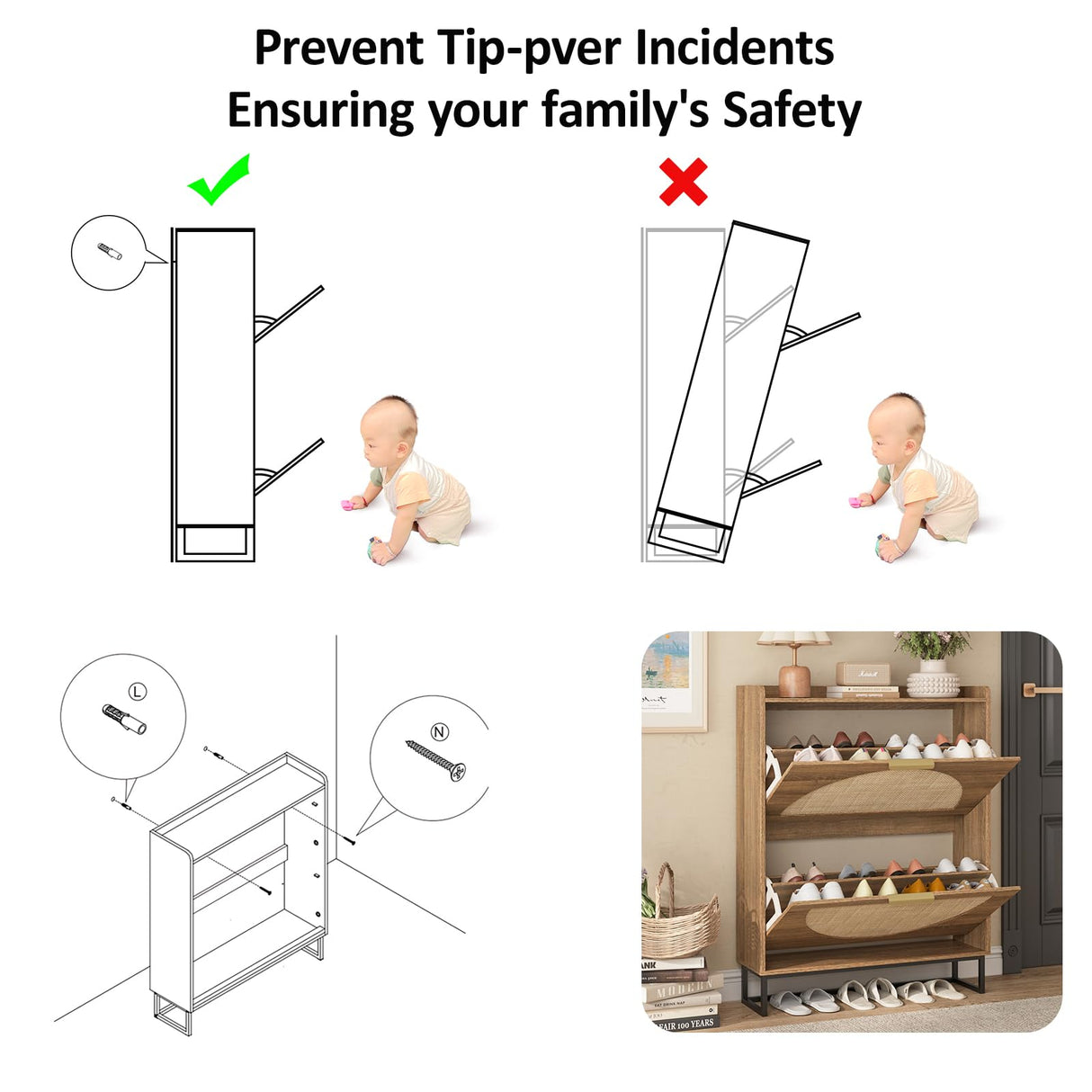 Maupvit Rattan Shoe Storage Cabinet with 2 Flip Drawers, Freestanding Shoe Organizer with Metal Legs for Entryway, Hidden Golden Handles, Narrow Shoe Rack Cabinet, Rustic Oak Rattan Maupvit