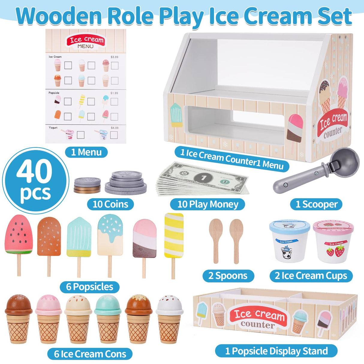 Wooden Ice Cream Counter Playset for Kids, Toddler Girl Toys Kitchen Playset Pretend Play Gifts for 3 4 5 6 Year Old Girl or Boy, Play Food Scoop and Serve, Play Kitchen Sets for Kids Ages 4-8 Melofaver