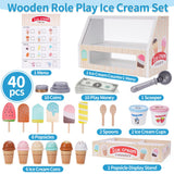 Wooden Ice Cream Counter Playset for Kids, Toddler Girl Toys Kitchen Playset Pretend Play Gifts for 3 4 5 6 Year Old Girl or Boy, Play Food Scoop and Serve, Play Kitchen Sets for Kids Ages 4-8 Melofaver