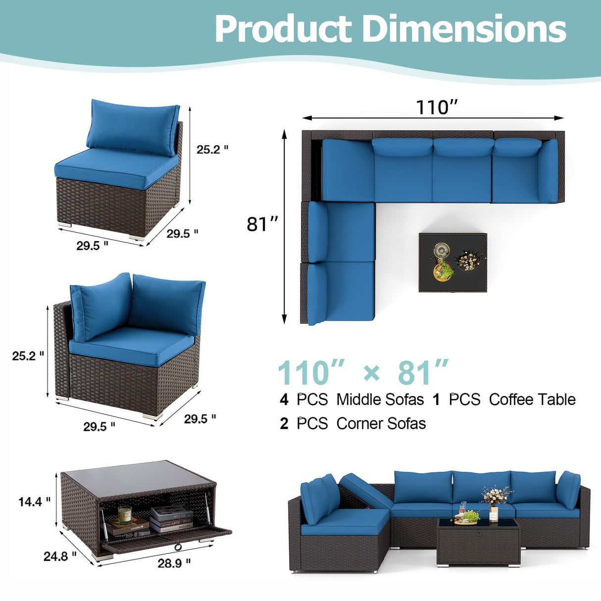 RYNSTO 7 Piece Patio Furniture Set with Adjustable Bracket Wicker Rattan Patio Conversation Sets Outdoor Sectional Sofa Set with Wood Table and Cushions for Porch Lawn Garden, Blue RYNSTO