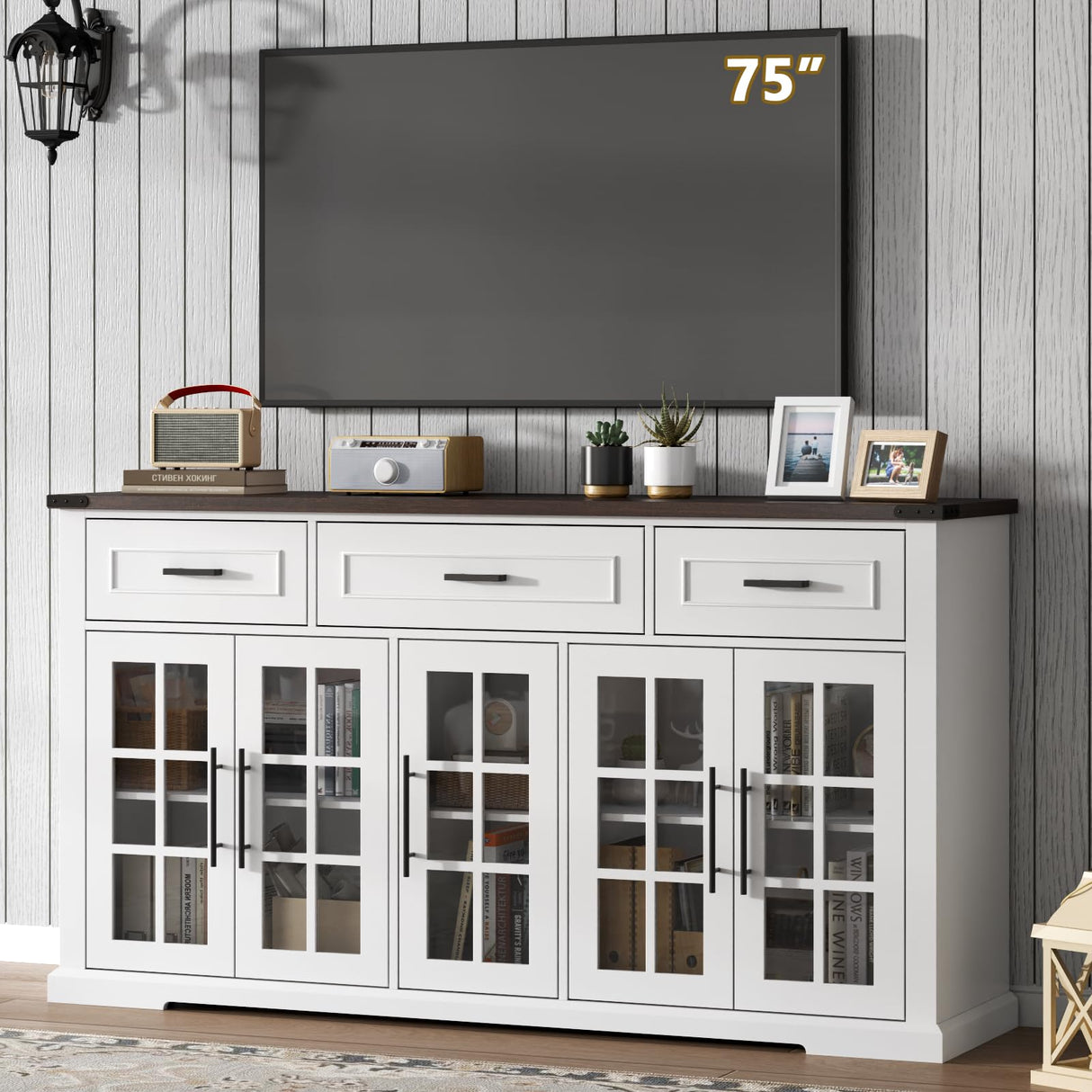 Buffet Cabinet with Storage, 63" Large Sideboard Cabinet with 3 Drawers & 5 Glass Doors, Modern Farmhouse Kitchen Cabinets Buffet Table with Adjustable Shelf, Coffee Bar Cabinets for Living Room Gyfimoie