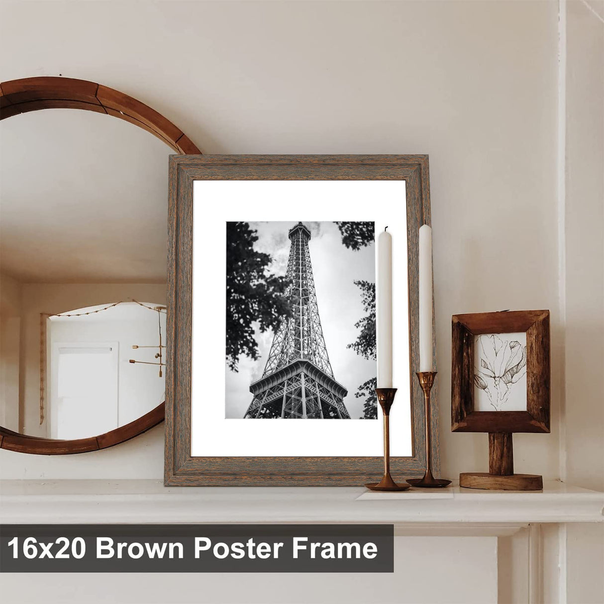 Golden State Art, 16x20 Picture Frame - Displays 11x14 Photo with Mat or 16x20 Without Mat, Wide Moulding Solid Wood Frame for Wall Display, Distressed Brown Golden State Art