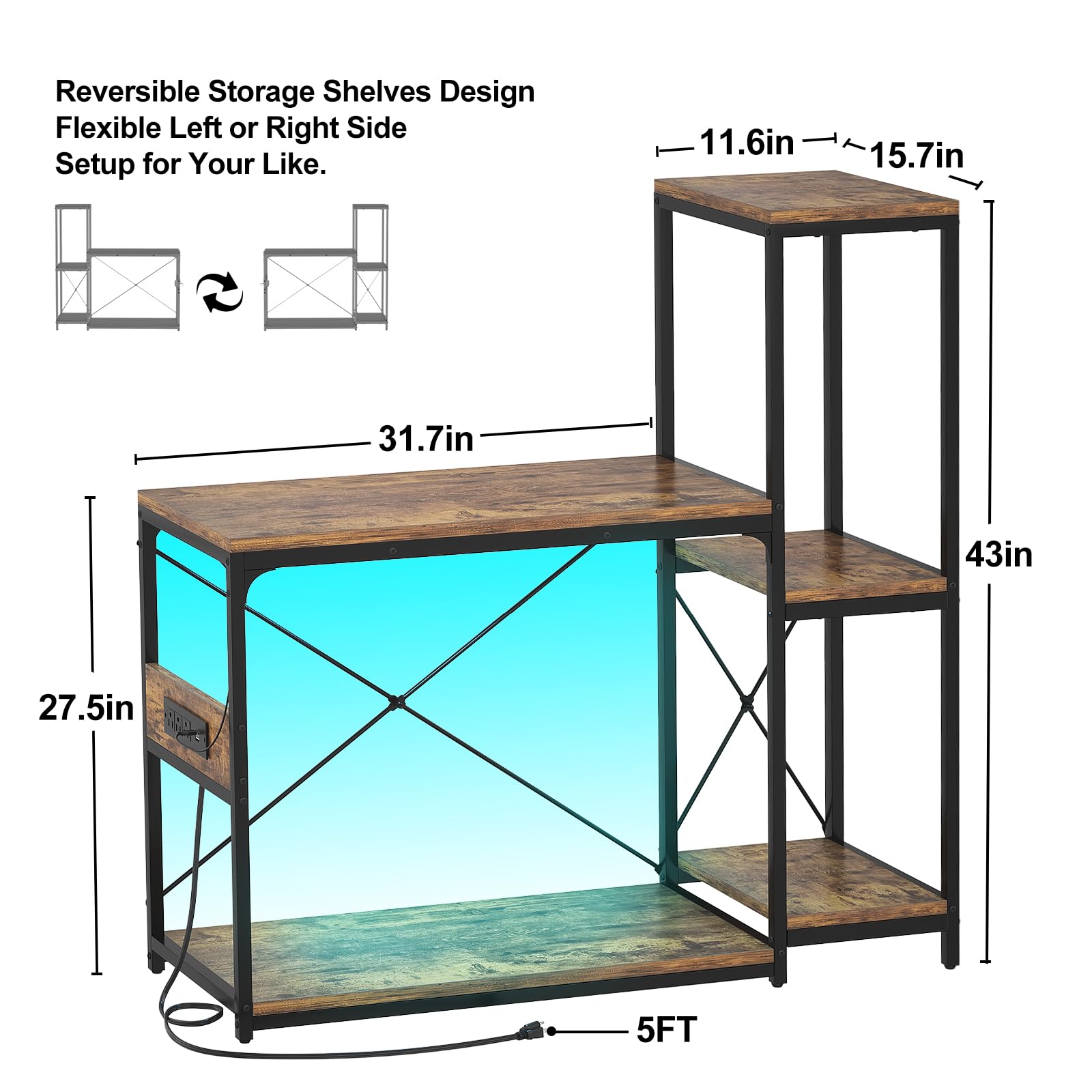 Hyomdeck 20-29 Gallon Fish Tank Stand with Power Outlet & LED Light, Reversible Wood Aquarium Stand with Shelves for Fish Tank Accessories Storage, Metal Frame, Turtle/Reptile Tank Stand, Rus - WoodArtSupply