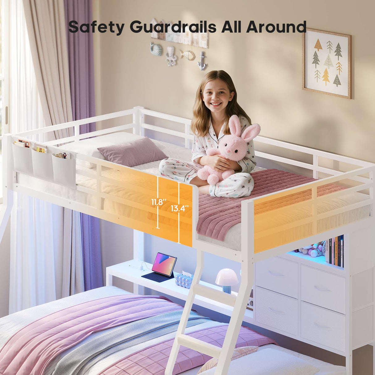 BTHFST Bunk Bed Twin Over Twin with 4 Storage Drawers & Shelves & Bedside Caddy, Twin Bunk Beds with Charging Station & Led Lights, Metal Bunk Bed with Safety Guardrail & Angled Ladder for Kids, White BTHFST