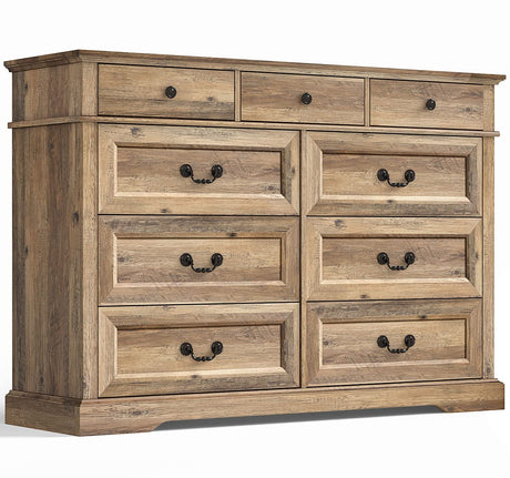LINSY Dresser for Bedroom, 9 Drawers Bedroom Dresser Wood for Nursery, Tall Chest of Drawers, 53 Inch Wide Farmhouse Wood Dresser for Bedroom, Hallway, Closet, Living Room, Brown LINSY