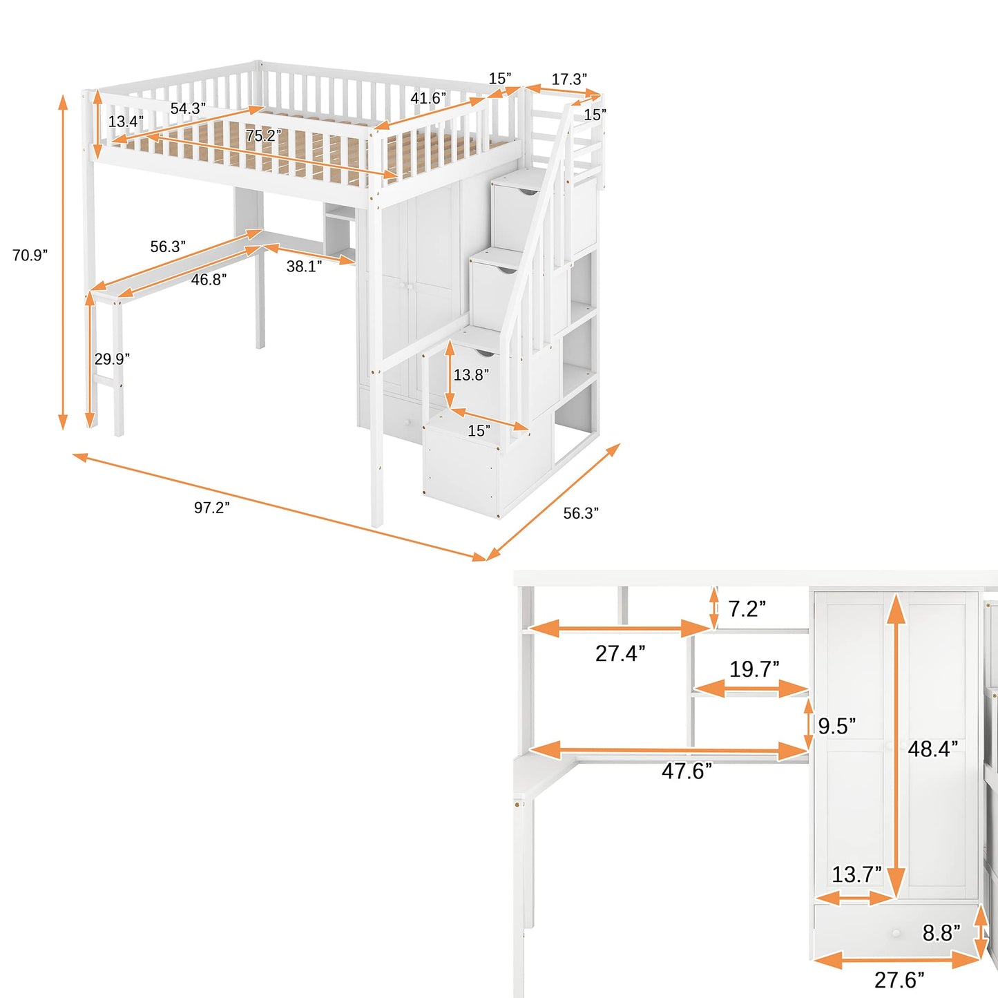 Harper & Bright Designs White Full Size Loft Bed with Integrated Storage and Workspace - WoodArtSupply