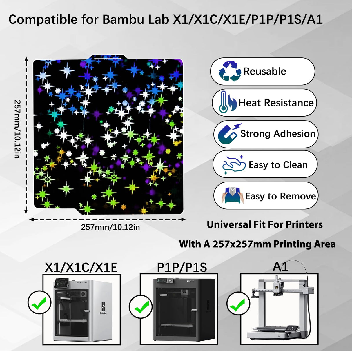 Sahvaim 3D Printer Platform Upgraded H1H Build Plate for Bambu Lab X1 X1C X1E P1P P1S A1, Double Sided Textured Flake+Star PEY Spring Steel Sheet Flexible Plate for Bambu Lab 3D Printer 257x257mm. SAHVAIM