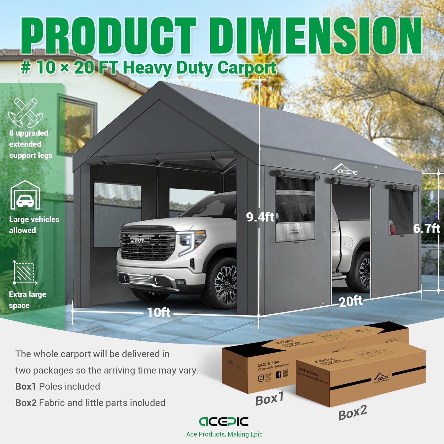 Carport for Vehicle Acepic Carport 10x20ft Heavy Duty Carport Features Roll-up Windows & Doors, Portable Garage with UV Resistant Waterproof All-Season Tarp for Car, Truck, Boat