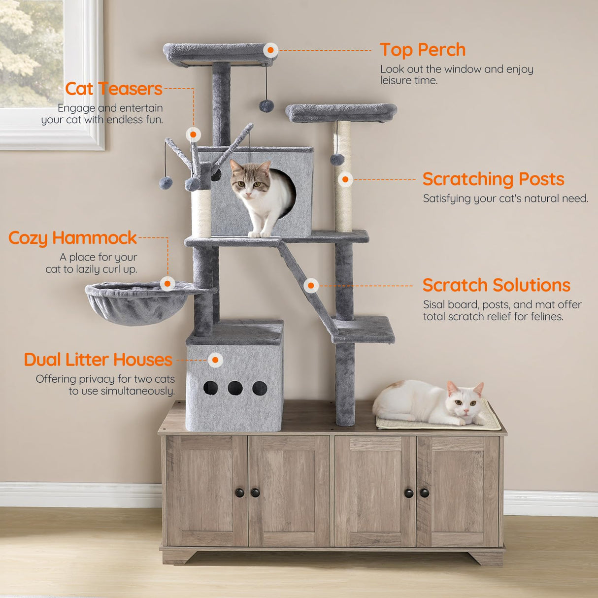 HOOBRO Double Litter Box Enclosure with Cat Tree, 45.3" L x 17.7" W x 68.9" H All-in-One Modern Cat Tower with Bed, Hidden Litter Box Enclosure Furniture, with Hammock, Sisal Posts, Greige BG22MZ03 HOOBRO