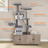 HOOBRO Double Litter Box Enclosure with Cat Tree, 45.3" L x 17.7" W x 68.9" H All-in-One Modern Cat Tower with Bed, Hidden Litter Box Enclosure Furniture, with Hammock, Sisal Posts, Greige BG22MZ03 HOOBRO