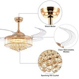 MOOONICHE 48 Inch Crystal Ceiling Fan with Light and Remote Modern Dimmable Fandelier Invisible Retractable Chandelier Fan Gold for Bedroom Living Room MOOONICHE