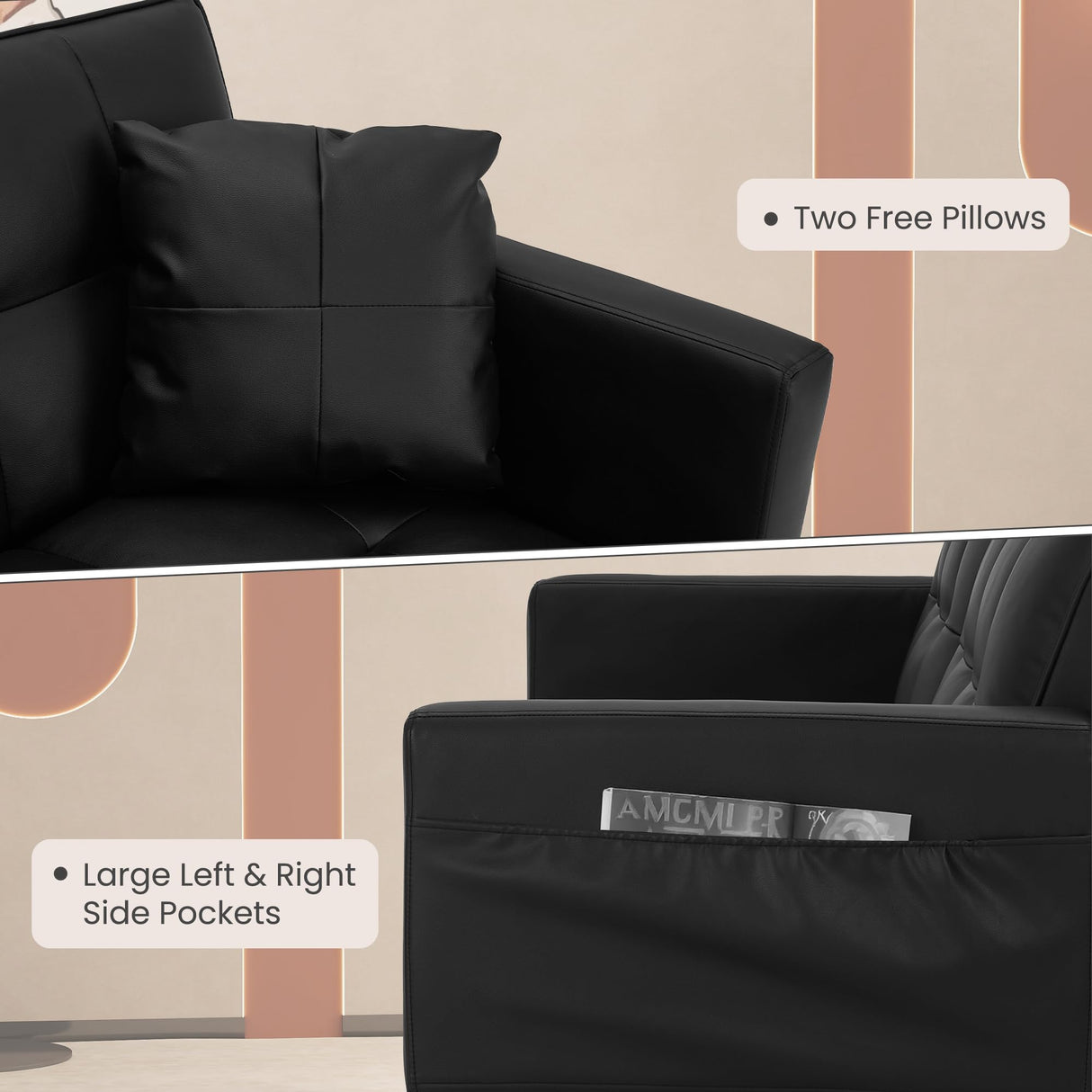 ECOTOUGE Faux Leather Futon Couch, Convertible Sofa Bed with Adjustable Back, Modern Sleeper Sofa for Living Room, Black ECOTOUGE