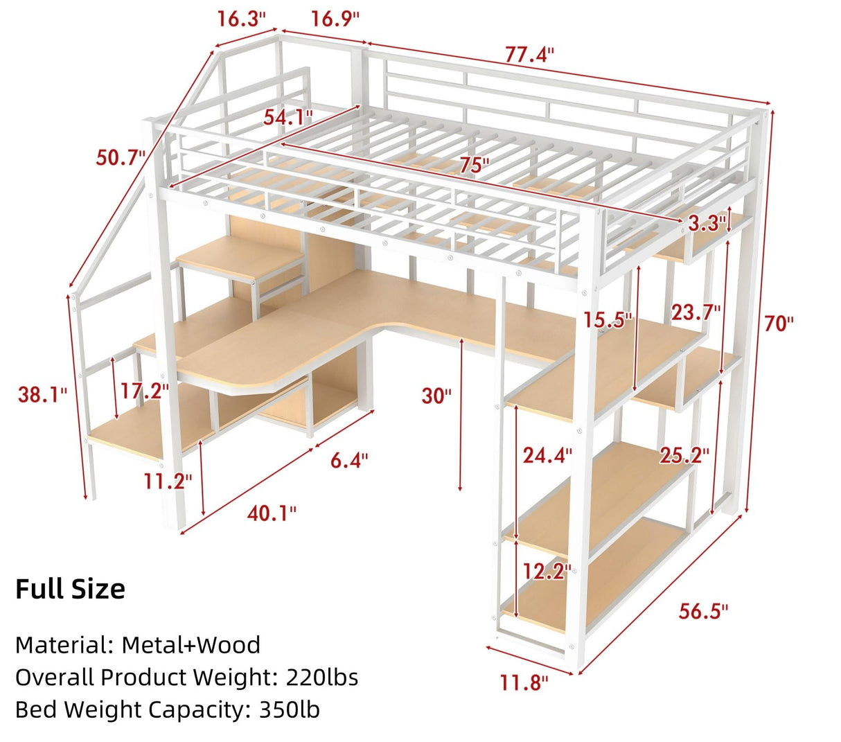 Merax Metal Full Size Loft Bed Frame with Built-in Desk & Storage Stair & Shelves & Wardrobe for Kids, No Box Spring Needed, White Merax