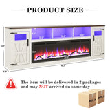 Fireplace TV Stand for 100 Inch TV, 95" Farmhouse Entertainment Center with 60" Electric Fireplace & LED Lights, Large Media Console for Living Room, Rustic Barn Doors, Power Outlets, Antique White chartustriable