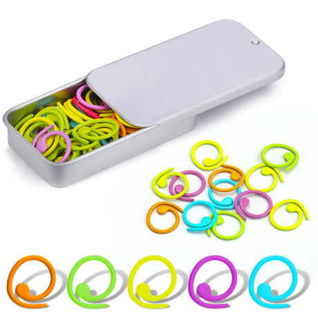 Jmuiiu Metal Stitch Markers, 50Pcs Spiral Metal Colorful Crochet Stitch Markers, Crochet Marker Ring for Knitting Crocheting Clothing Tag DIY Craft Project with Storage Box Jmuiiu