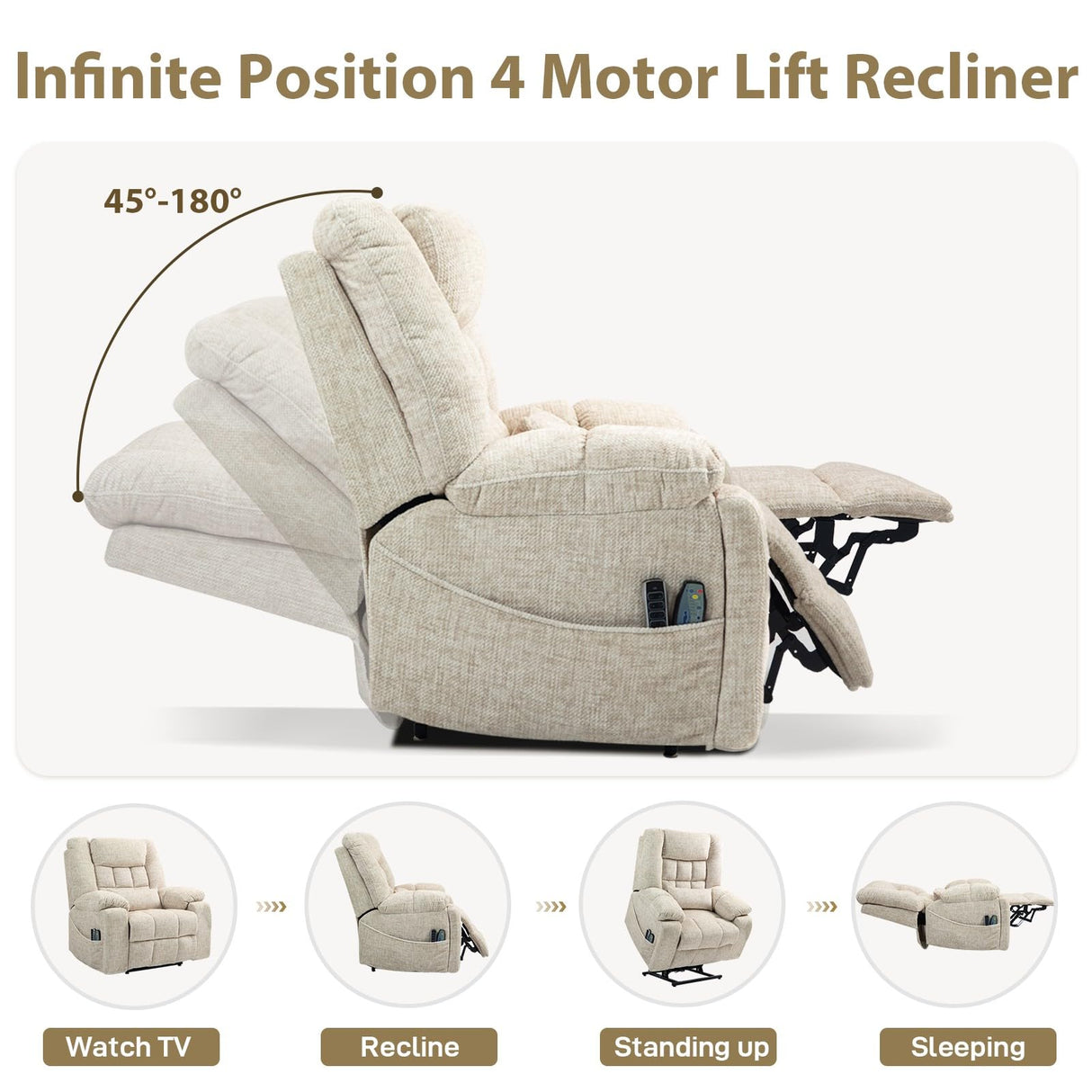 SINCRUMI 4-Motor Power Lift Chairs for Elderly with Heat & Massage, Infinite Position Adjustable Headrest, Lumbar and Footrest, Wide Seat Lay Flat Recliner with Hidden Cup Holders, Cream White SINCRUMI
