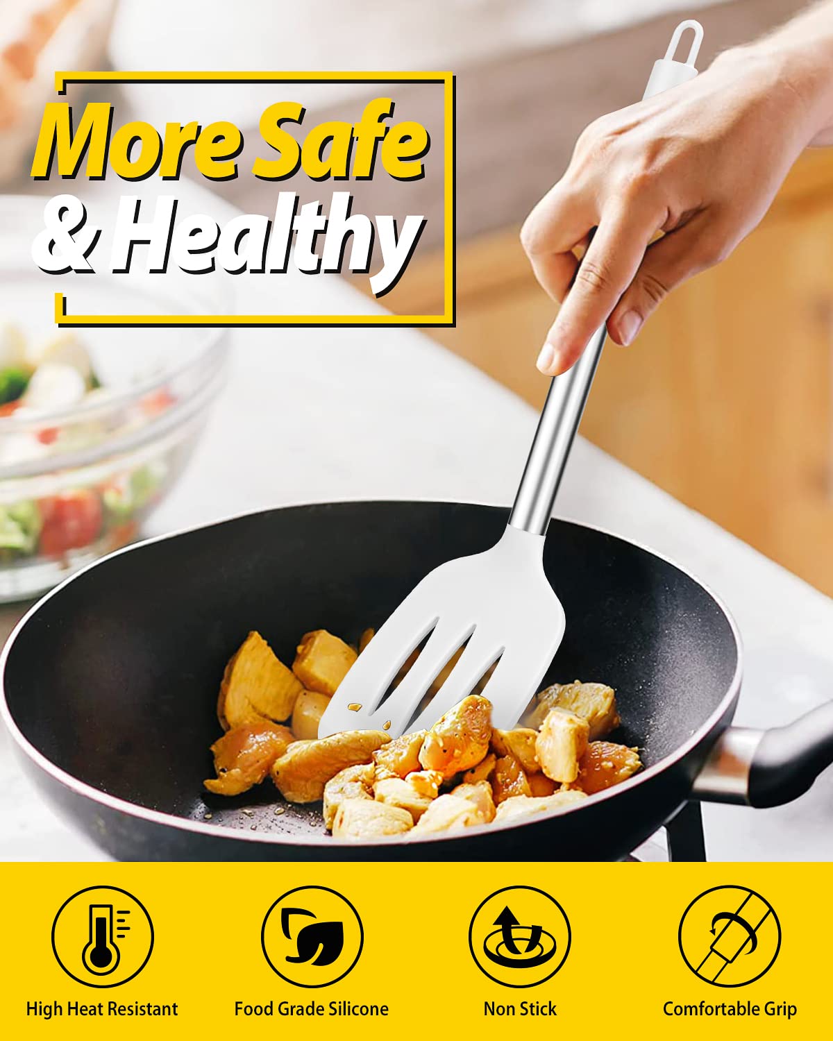 Pack of 2 Silicone Solid Turner, Non Stick Slotted Kitchen Spatulas, High Heat Resistant BPA Free Cooking Utensils, Ideal Cookware for Fish, Eggs, Pancakes(White) BUNDLEPRO