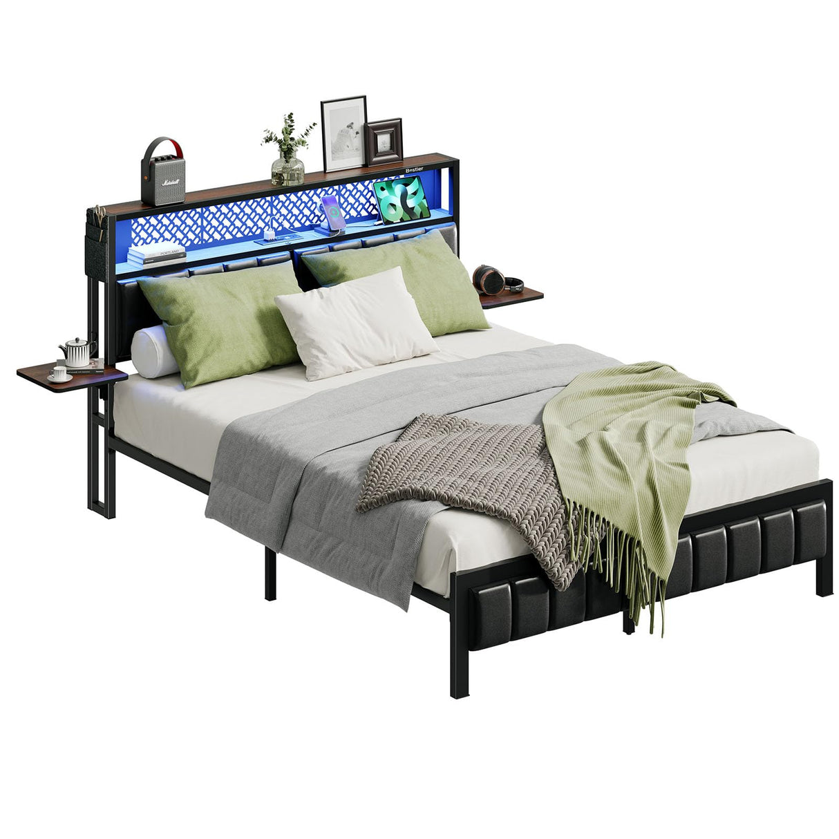 Bestier Queen Bed Frame with Upholstered Headboard, Charging Station & LED Lights - Walnut Bestier