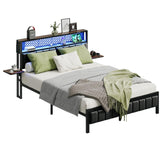 Bestier Queen Bed Frame with Upholstered Headboard, Charging Station & LED Lights - Walnut Bestier