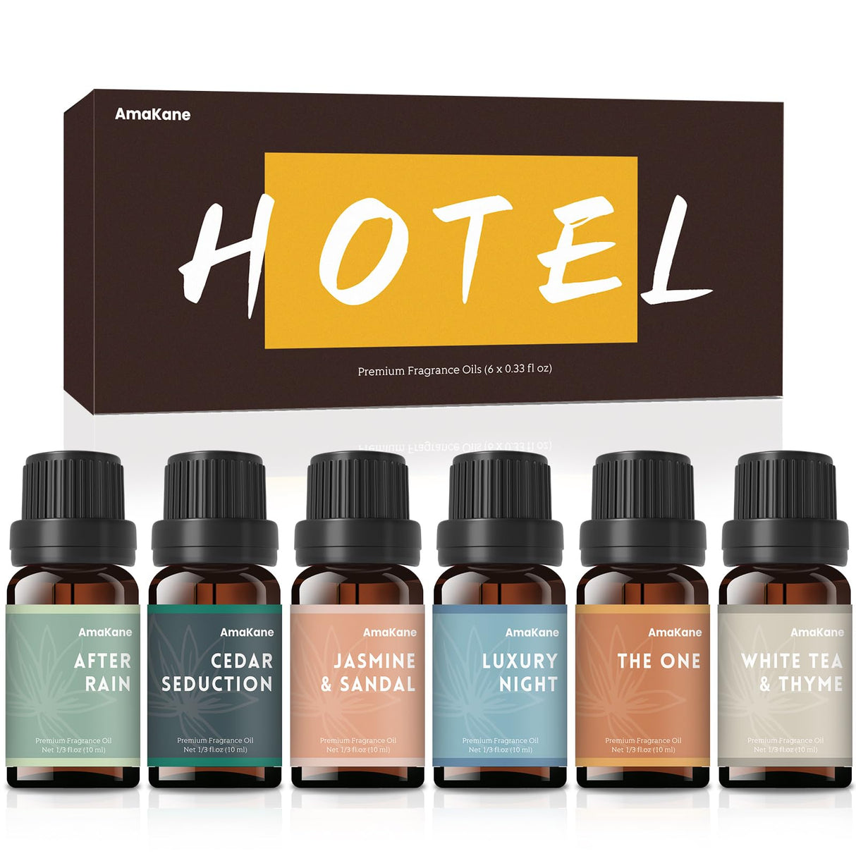 AmaKane Hotel Diffuser Oils, Hotel Scent Essential Oil, Fragrance Oil for Candle Making, Soap Scents for Making Soap, Aromatherapy Oils 6x10ml, Luxury Night, White Tea& Thyme, Jasmine& Sandal, More AmaKane