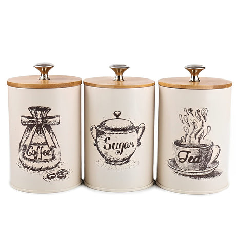 Youeon Canister Sets for Kitchen Counter, Metal Vintage Kitchen Canisters Set of 3, Coffee Sugar Tea Canister Set, Food Storage Canister with Bamboo Lid, Farmhouse Kitchen Decor, Beige Youeon