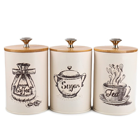 Youeon Canister Sets for Kitchen Counter, Metal Vintage Kitchen Canisters Set of 3, Coffee Sugar Tea Canister Set, Food Storage Canister with Bamboo Lid, Farmhouse Kitchen Decor, Beige