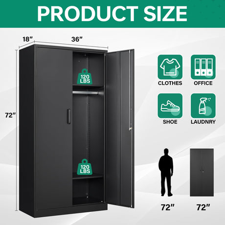 Letaya Metal Wardrobe Cabinets with Lock,Clothing Locker 72" X 36" X 18" Storage Cabinets for Home Room,Fire Department, School, Employee,Gym,Government (Black) Letaya