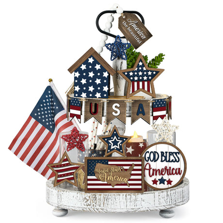 FoldTier 18 Pcs 4th of July Tiered Tray Decor Set Rustic Patriotic Independence Day Decoration Glow Vintage Farmhouse Memorial Day Tiered Tray Sign Wooden Red White Blue Decor for Table (Rustic) FoldTier