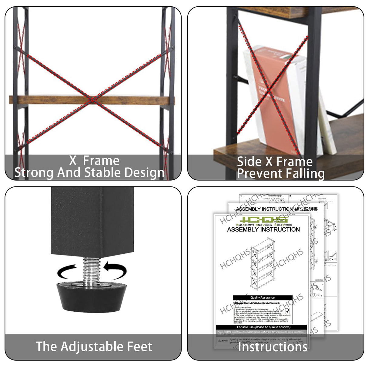 HCHQHS Bookshelf, 5-Tier Industrial Bookcase, Rustic Open Book Shelf, Freestanding Tall Bookshelves with Metal Frame HCHQHS
