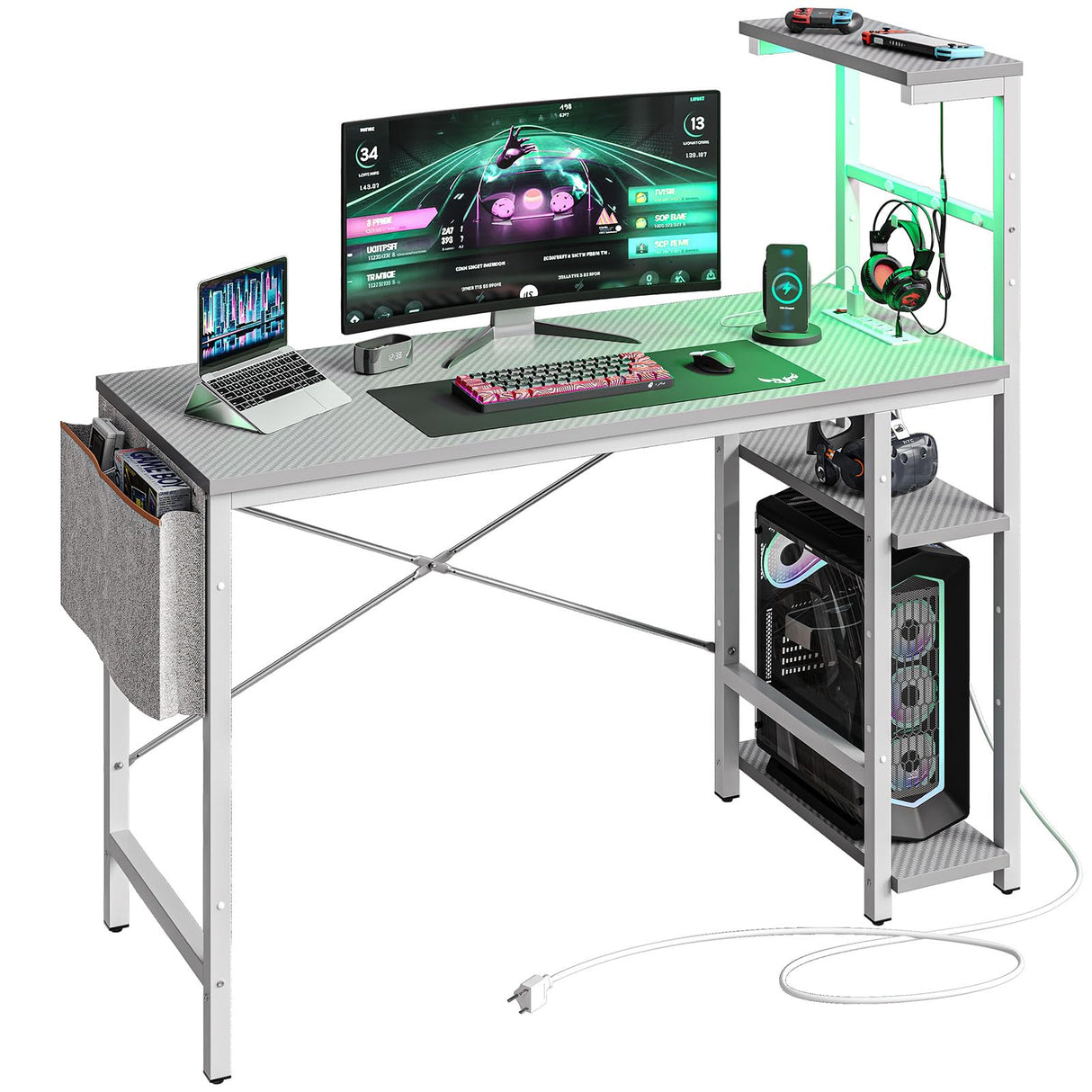 Bestier Gaming Desk with Power Outlets, 44 Inch Led Gamer Desk with 4 Tiers Reversible Shelves, PC Gaming Table with Headset Hook & Side Storage Bag for Bedroom (Grey 3D Carbon Fiber) Bestier