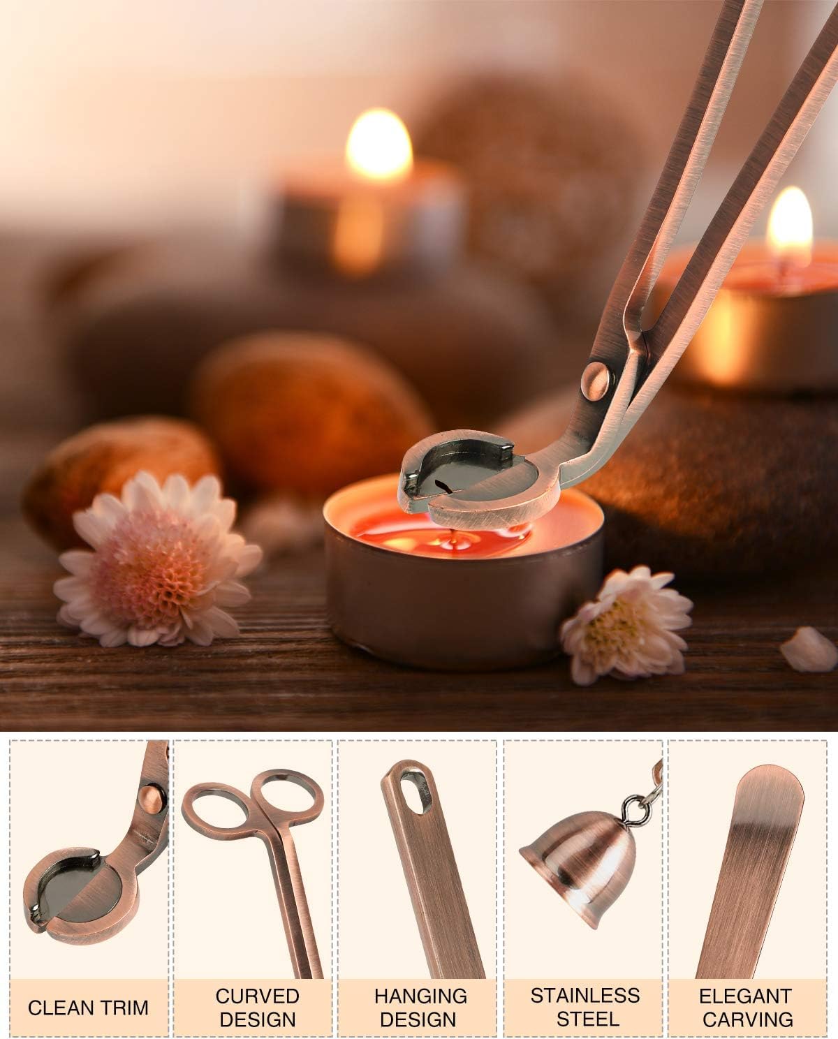 RONXS 3 in 1 Candle Accessory Set, Candle Wick Trimmer Candle Cutter, Candle Snuffer, Candle Wick Dipper with Gift Package for Candle Lover (Copper) RONXS