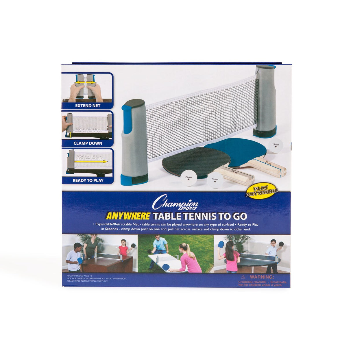 Champion Sports Anywhere Table Tennis: Ping Pong Paddles, Balls, and Portable Net & Post Set To Go, 10.1"L x 10.1"W x 3.2"H Champion Sports