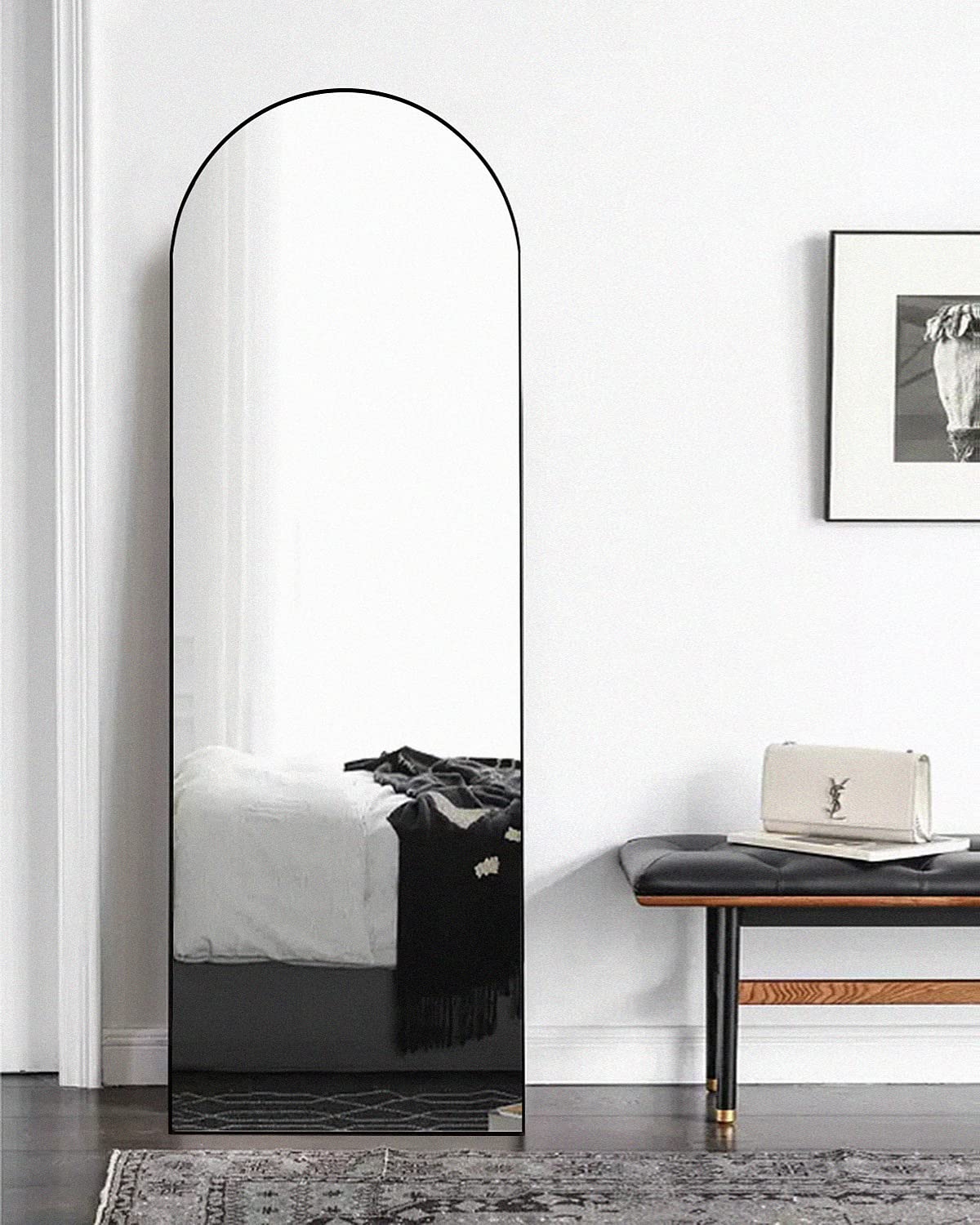 Otlsh Floor Mirror, 58"×18" Arched Full Length Mirror Arched with Stand, Standing Mirror, Full Body Mirror, Large Mirror, Arched Wall Mirror, Freestanding, Aluminum Frame - Black Otlsh
