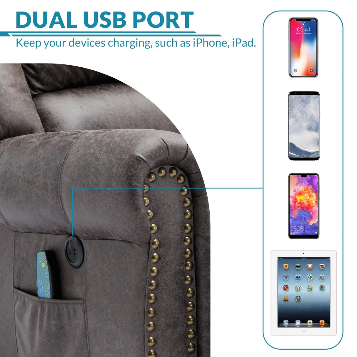 OUINCH Manual 360 Degree Swivel Glider Rocker Recliner Chair with Massage and Heat, USB Ports and 2 Side Pockets, Bronze Suede Like Fabric, Grey OUINCH