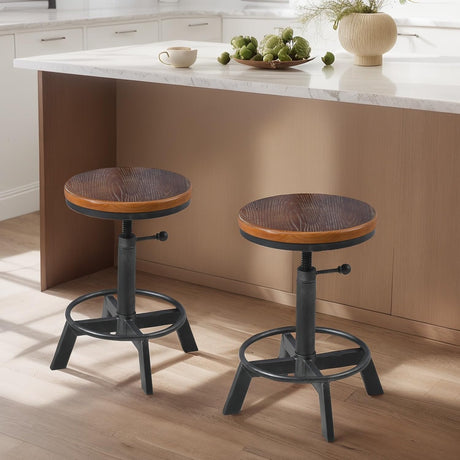 BOKKOLIK Set of 2-Industrial Bar Stool-Rustic Counter Height Chairs for Kitchen Island-Farmhouse Swivel Wooden Seat- Adjustable 17.7-24inch BOKKOLIK