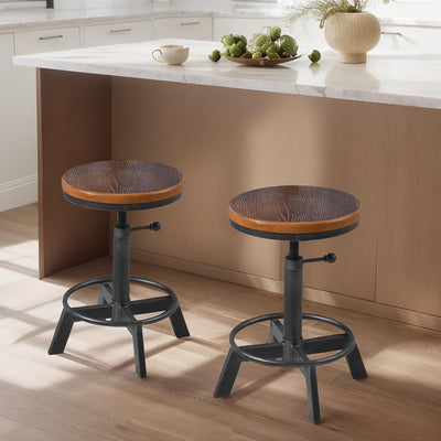 BOKKOLIK Set of 2-Industrial Bar Stool-Rustic Counter Height Chairs for Kitchen Island-Farmhouse Swivel Wooden Seat- Adjustable 17.7-24inch