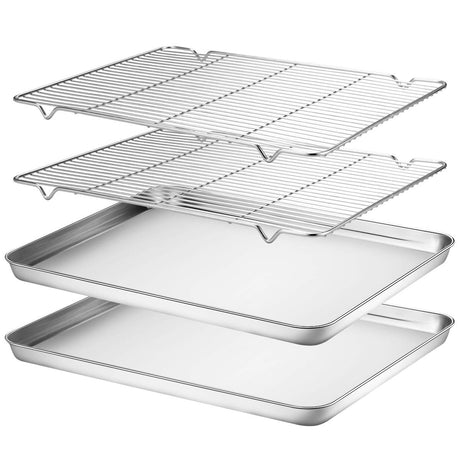 Wildone Baking Sheet & Rack Set [2 Sheets + 2 Racks], Stainless Steel Cookie Pan with Cooling Rack, Size 16 x 12 x 1 Inch, Non Toxic & Heavy Duty & Easy Clean Wildone