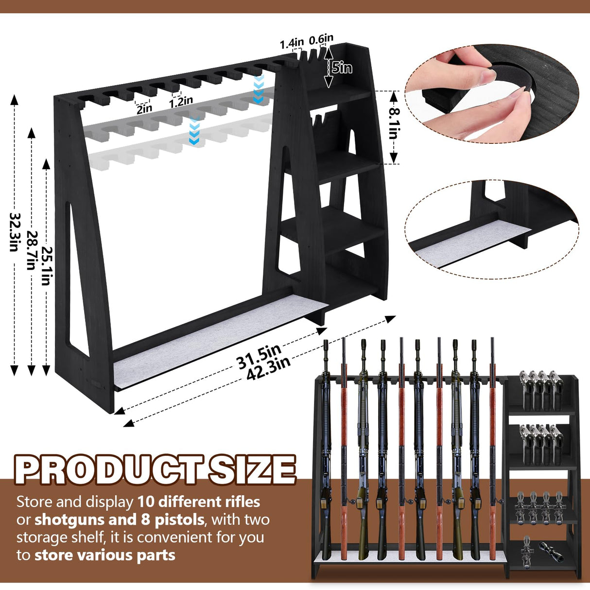 Lineshading Wooden Gun Rack with Holder, Indoor Floor Standing Gun Rack, Gun Display Rack Storage Rack for Home or Garage Gun Storage, Holds 10 Long Guns and 8 Short Guns Lineshading