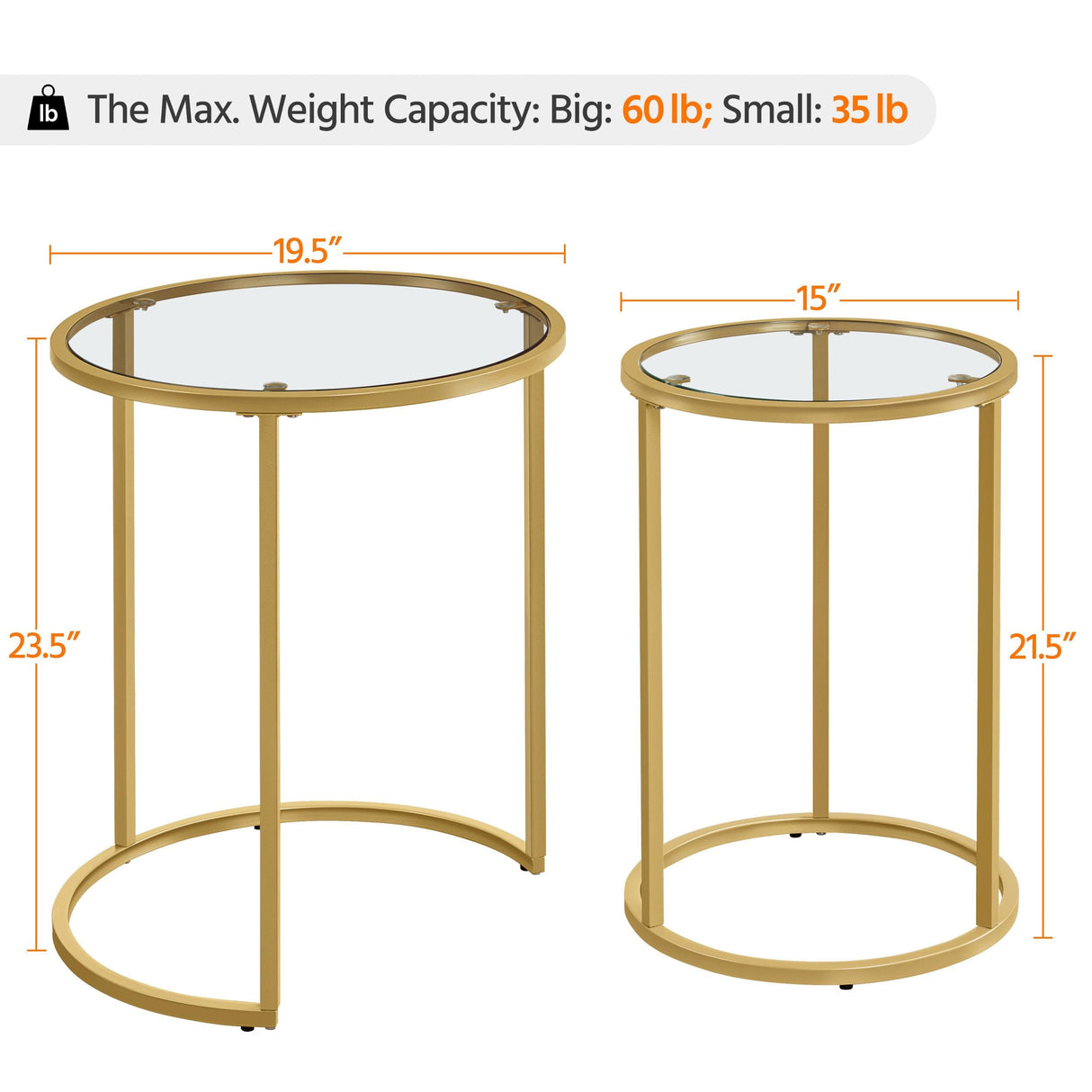 Yaheetech Round Nesting Side Table Stacking Coffee Table, Set of 2 Circular End Tables w/Metal Frame & Tempered Glass Top & Protective Foot Pads for Small Space Living Room Office, Mustard Gold Yaheetech