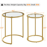 Yaheetech Round Nesting Side Table Stacking Coffee Table, Set of 2 Circular End Tables w/Metal Frame & Tempered Glass Top & Protective Foot Pads for Small Space Living Room Office, Mustard Gold Yaheetech