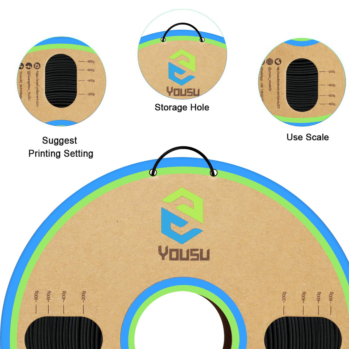 YOUSU Polypropylene PP Filament, 1.75mm 3D Printer Filament for 3D Printing, 1kg(2.2lbs) 5pcs Build Sheet Included, Semi-Flexible Ultra Tough Filament, Black Yousu