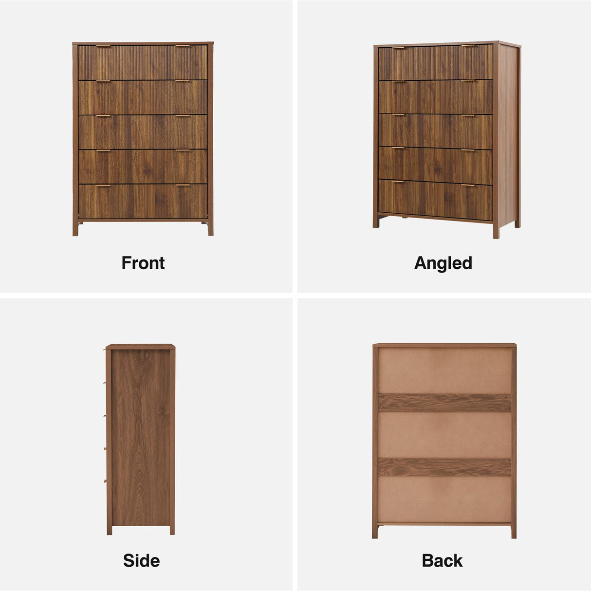 XUZENEST 5 Drawer Dressers for Bedroom, Modern Closet Chest of Drawers with Waveform Fluted Panel, Large Wood Storage Dresser Organizer for Nursery Bedroom Living Room Hallway Closet, Walnut XUZENEST