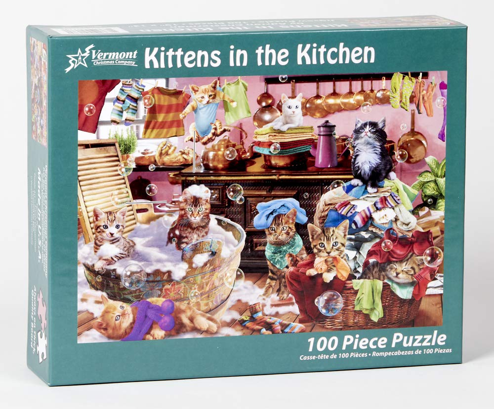 Vermont Christmas Company Kittens in The Kitchen Jigsaw Puzzle 100 Piece, Large Pieces Perfect for Kids and Seniors Vermont Christmas Company