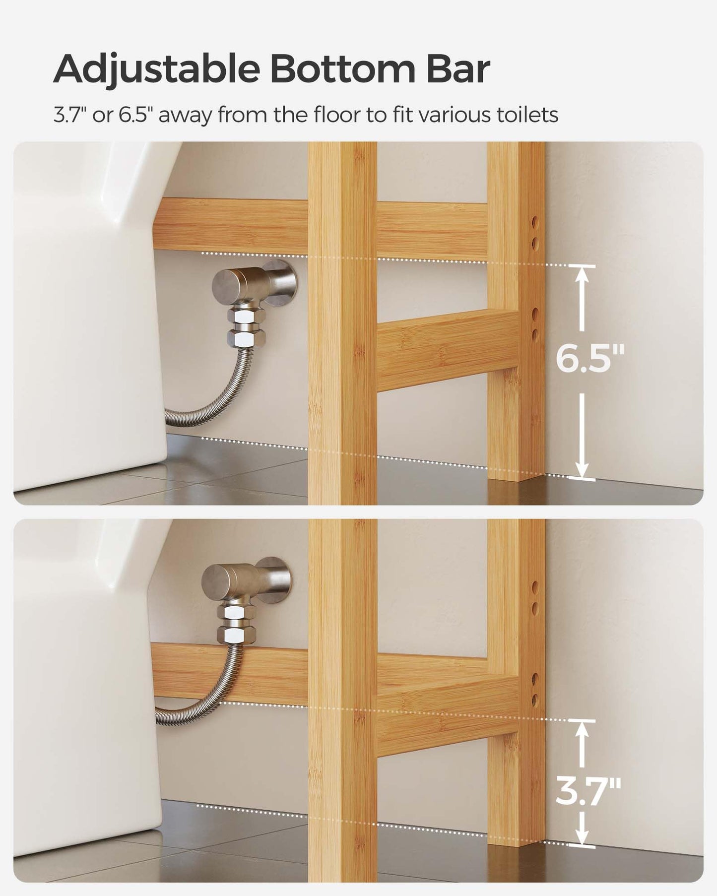 SONGMICS Over The Toilet Storage, 3-Tier Bamboo Over Toilet Bathroom Organizer with Adjustable Shelf, Fit Most Toilets, Space-Saving, Easy Assembly, Natural UBTS001N01